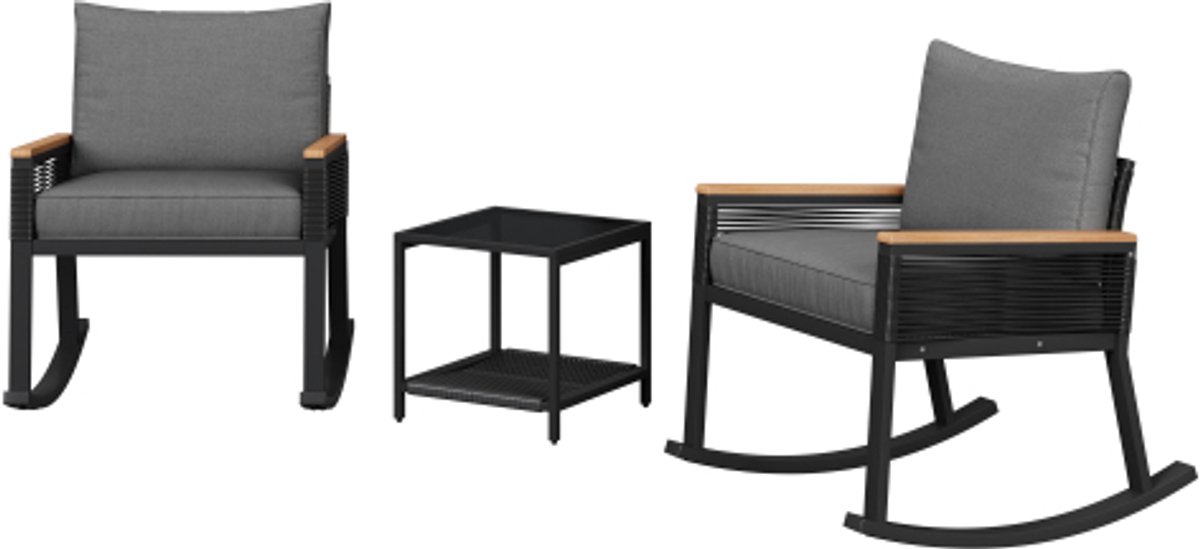 Gotagee bistroset met schommelstoelen, glazen salontafel en zitkussen, geschikt voor tuin.