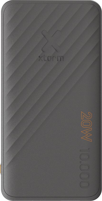 Grijze Xtorm powerbank met golvend patroon en '20W 10.000' opdruk.