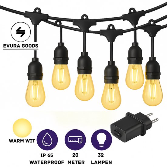 Evura Goods Lichtsnoer voor Buiten – LED String Light – 20 Meter – 32 Lampen – IP65 Waterdicht – Warm Wit – Verlengbaar - Tuinverlichting met Stekker – buitenverlichting – Lichtslinger voor Buiten & Feest