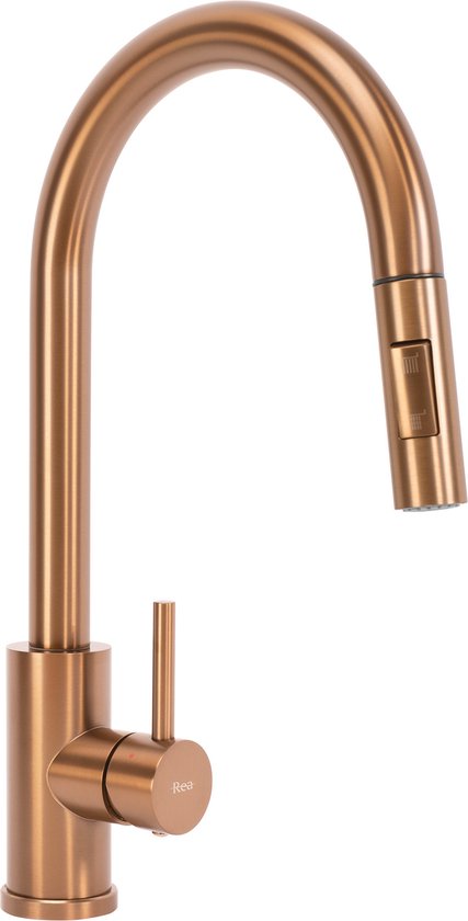 Robinet de cuisine couleur cuivre avec arc haut et douchette extractible.