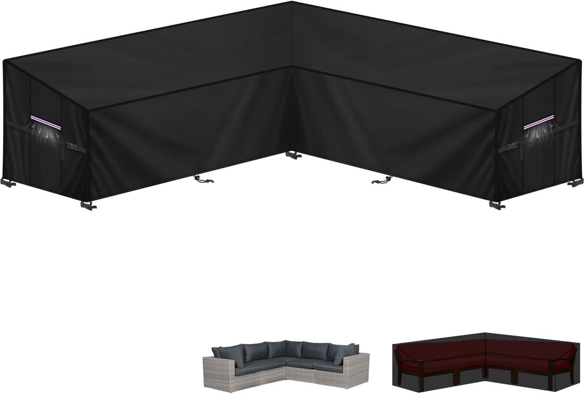 Famanu Tuinmeubelhoes L-Vorm Afdekhoes voor Tuinmeubelen Waterdichte Rotan Hoekbankhoes Buiten Tuinbankhoes Lounge Afdekking Beschermhoes voor Hoekbank met Ventilatieopeningen, 235x235x100x90/65cm zwart