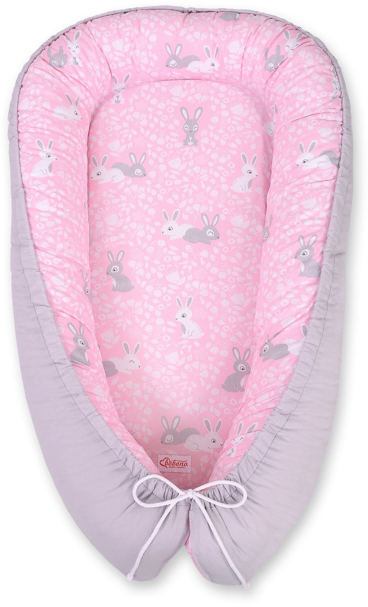 Babynest dubbelzijdig Premium Cocoon voor baby's BOBONO - roze konijnen/grijs