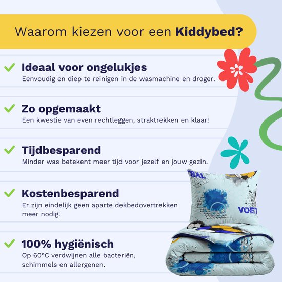 Lichtblauwe dekbedset met voetbalprint, ideaal voor kinderen. "Ideaal voor ongelukjes", "Zo opgemaakt", "Tijdbesparend", "Kostenbesparend", "100% hygiënisch".