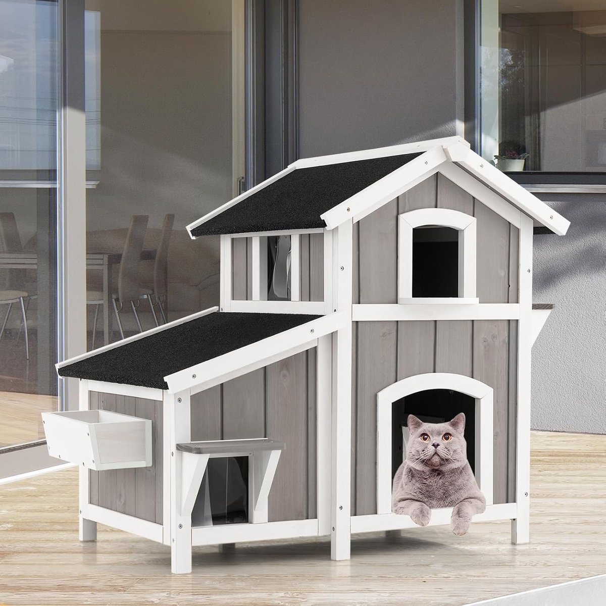 Kattenhuis met 2 verdiepingen voor buiten, met mat, kattenhuis van