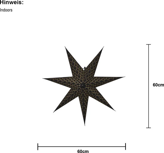 Étoile de Noël en papier noire avec motif doré en arête de poisson, 60 cm, avec dimensions indiquées.