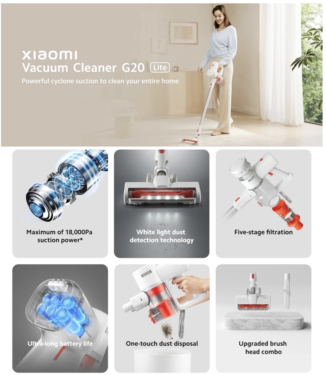 Afbeelding 2 van Xiaomi G20 lite Steelstofzuiger - zonder zak - draadloos - kruimeldief - 18 Kpa - 215W - Led verlichting - 5staps filter- Wit