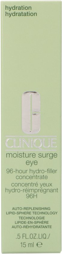 Clinique Moisture Surge oogcrème verpakking, lichtgroen met de tekst 'Clinique moisture surge eye 96-hour hydro-filler concentrate'.