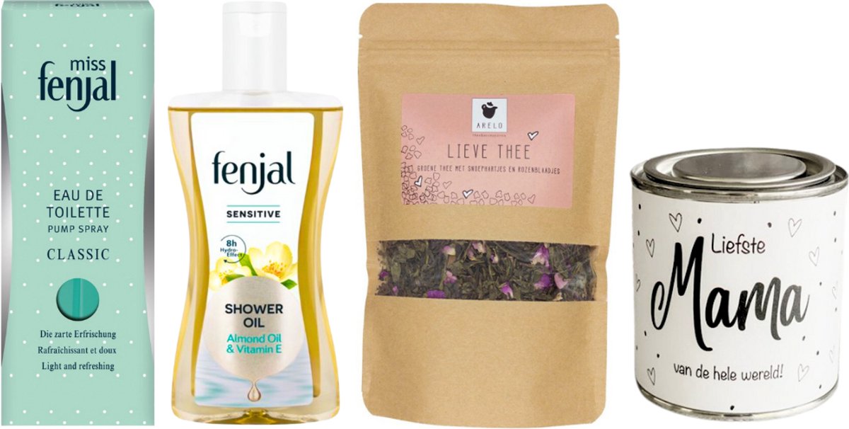 Fenjal Cadeauset Parfum, Douche & Thee Mama - Fenjal Eau De Toilette Classic Pump Spray - Fenjal Shower Oil Sensitive - ARELO Lieve Thee zakje - Gifts Snoepjeblikje liefste Mama van de hele wereld!