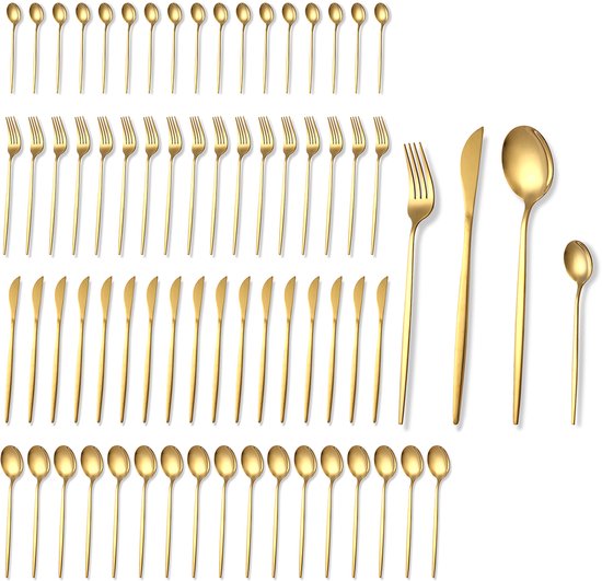 18 Persoons Bestekset Harmony - Lepels, Messen, Vorken, Steakmessen- Vaatwasserbestendig Bestek - Goud / Edelstaal