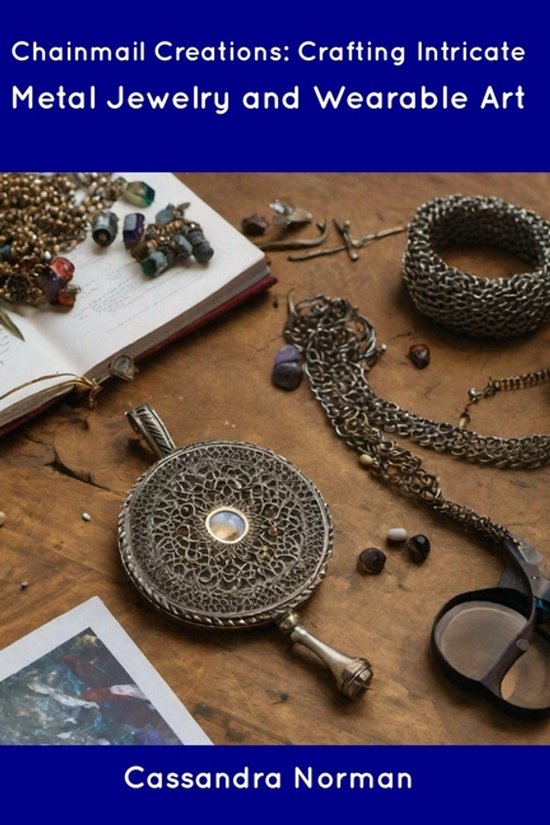 Boek met de titel 'Chainmail Creations: Crafting Intricate Metal Jewelry and Wearable Art' en verschillende metalen sieraden.
