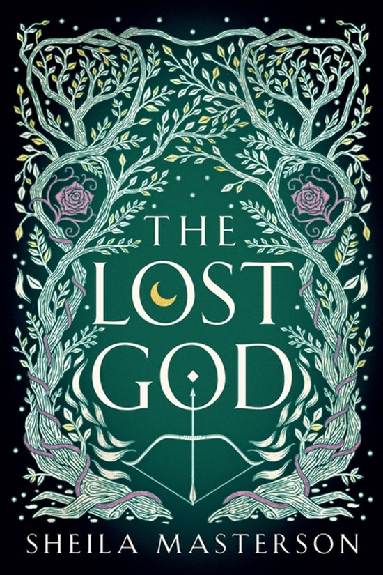 Boekomslag met de titel 'The Lost God' en een boog en pijl in het midden, omringd door bomen en rozen.