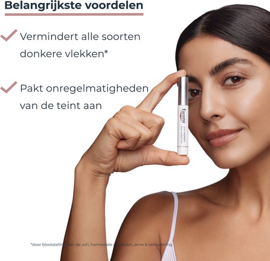 Model met donker haar houdt een Eucerin Anti-Pigment Spot Corrector vast. Tekst: "Belangrijkste voordelen: Vermindert alle soorten donkere vlekken*, Pakt onregelmatigheden van de teint aan".
