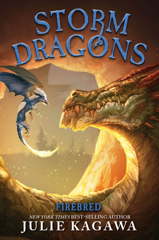 De voorkant van het boek 'Storm Dragons' toont twee draken in de vlammen. Een grote, oranje draak kijkt naar een kleinere, blauw-witte draak.