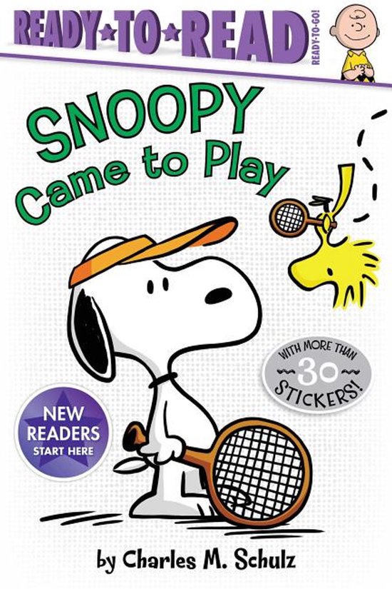 Snoopy met een pet en tennisracket, 'Snoopy Came to Play', met meer dan 30 stickers.