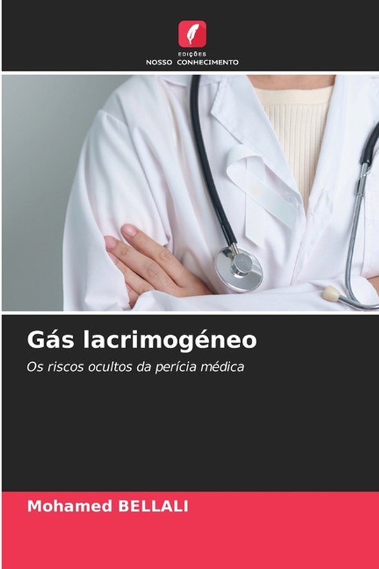 Uniforme médical blanc avec stéthoscope et nœud blanc. Titre "Gás lacrimogéneo".