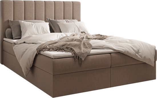 InspireME Boxspring Bed 01 - Bed - Comfortabel topmatras - Met hoofdeindeTot 300KG - Opbergruimte 180x200 - Trinity 5 - Cappuccino