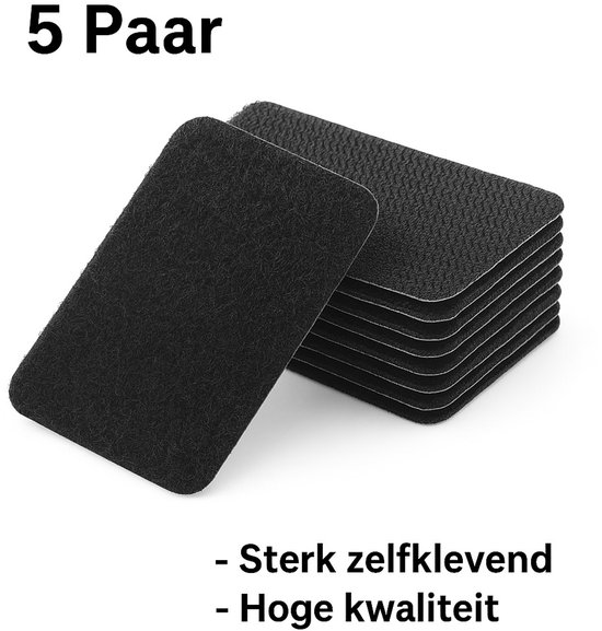 5 paar zwarte, rechthoekige zelfklevende klittenbandsluitingen, 6 x 4 cm.