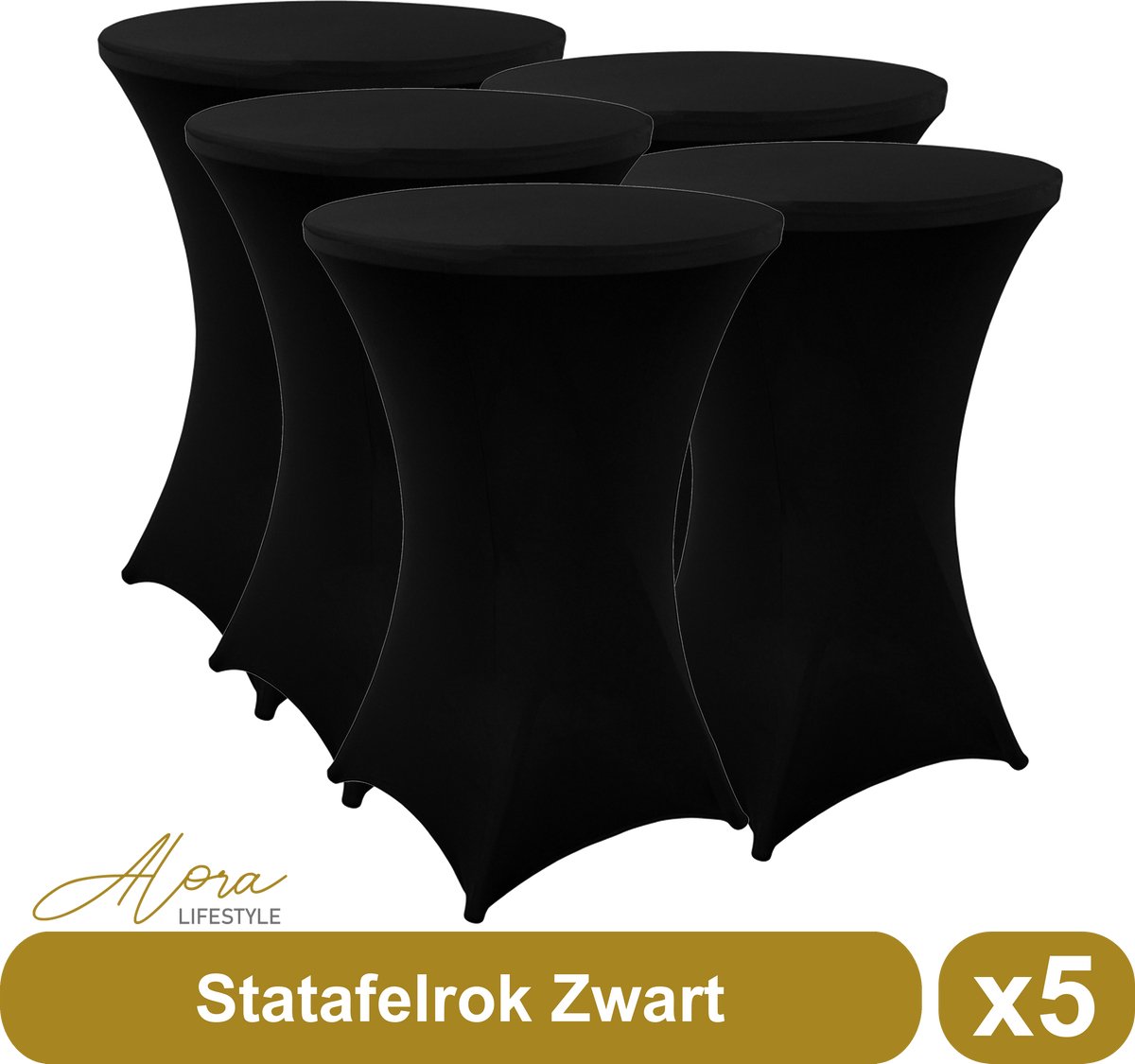 Alora Statafelrok zwart 80 cm - per 5 - partytafel - Alora tafelrok voor statafel - Statafelhoes - Bruiloft - Cocktailparty - Stretch Rok - Set van 5