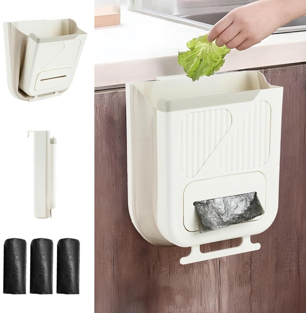 Hangende vuilnisemmer 24 gallon kunststof compostbak met 3 rollen vuilniszakken - inklapbaar voor kast, slaapkamer, badkamer, camping