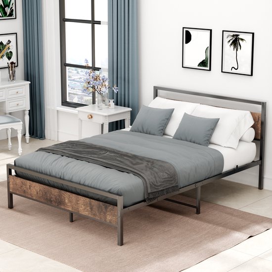 HAUSS SPOLE Lit moderne en métal 140 x 200 cm avec sommier à lattes - Lit double/simple - Lit Classique - Convient comme lit d'appoint ou lit pour chambre d'adolescent (Zwart)