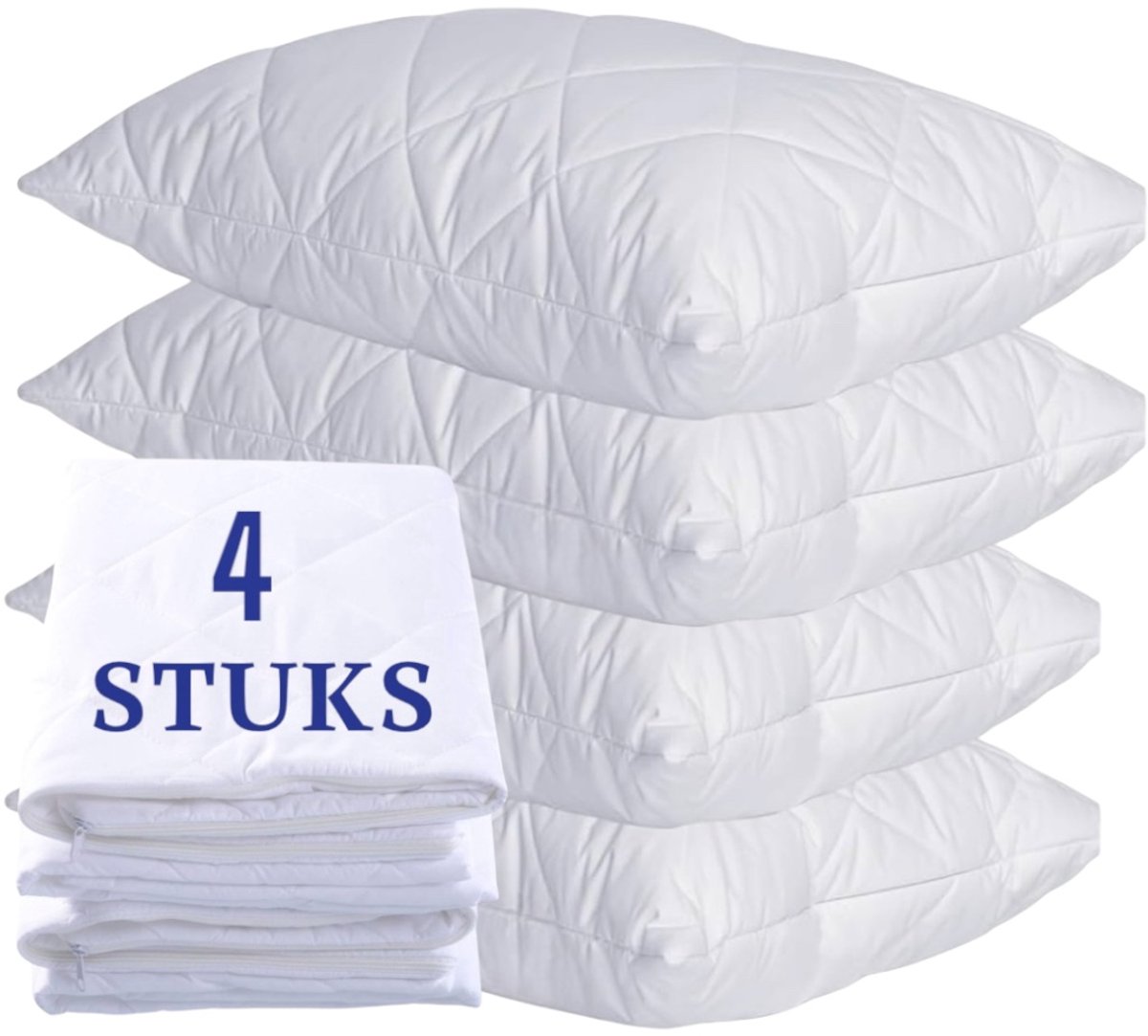 Ultra Soft Gewatteerde Kussenbeschermer met Rits - Microvezel - Antibacterieel - Anti-allergie - 60x70 cm - Set van 4 stuks - Wit