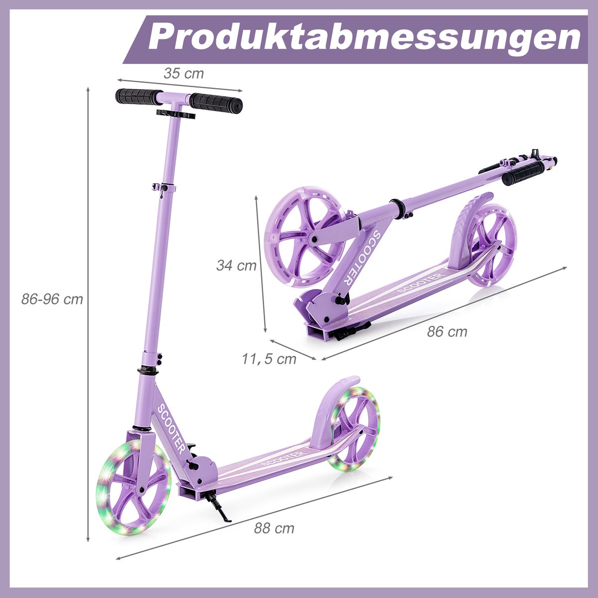 COSTWAY Inklapbare step, in hoogte verstelbaar, cityroller, 100 kg draagkracht, sport kickscooter, kickscooter met 2 led-wielen en ABEC-7 kogellagers (paars)