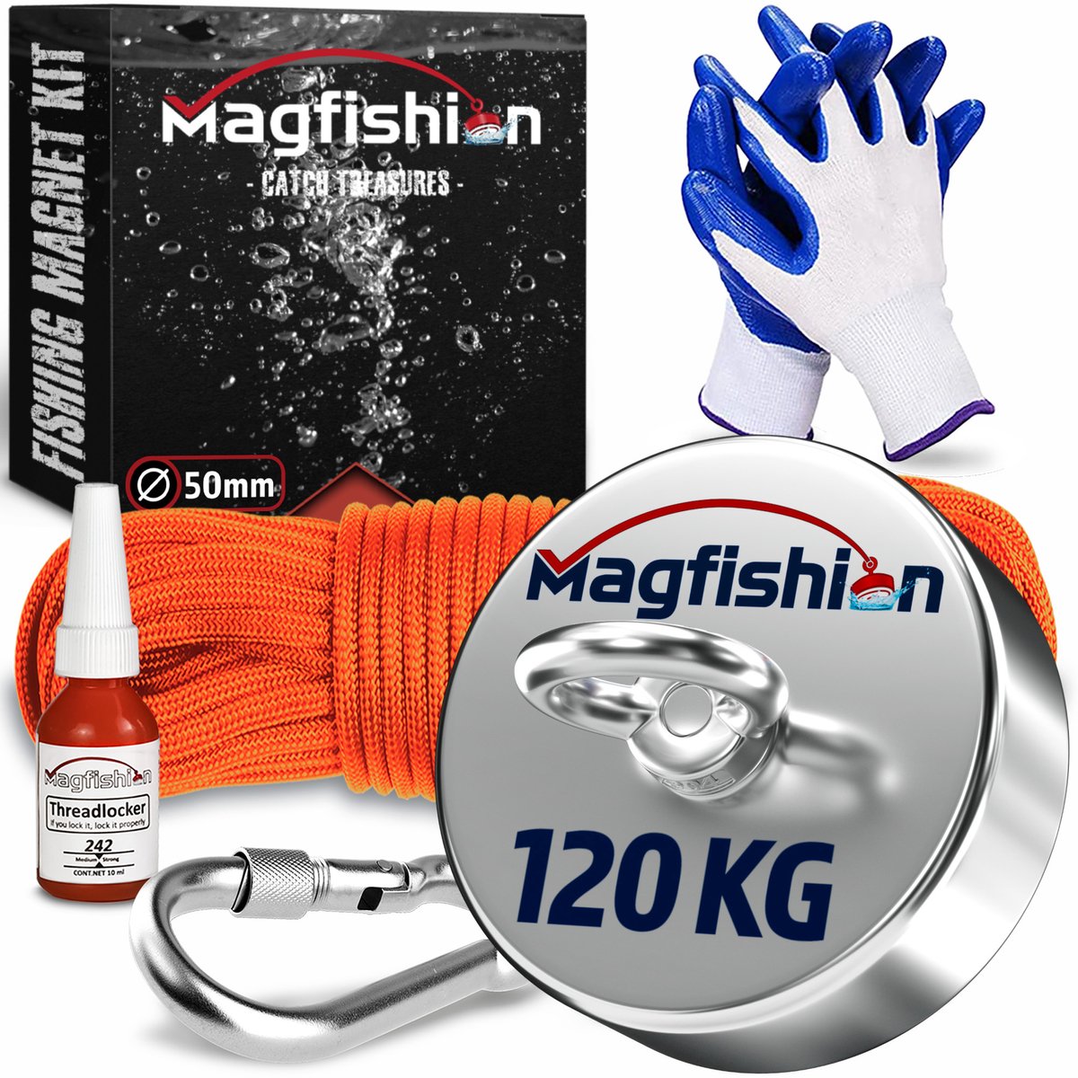Magfishion Magneetvissen Set 120 KG - Vismagneet - 20 Meter Lang Touw + Karabijnhaak met Schroefsluiting - Handschoenen - Borgmiddel - Magneetvissen Starterspakket - Magneet Vissen - Magneetvissen Kinderen