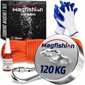 Magfishion Magneetvissen Set 120 KG - Vismagneet - 20 Meter Lang Touw + Karabijnhaak met Schroefsluiting - Handschoenen - Borgmiddel - Magneetvissen Starterspakket - Magneet Vissen - Magneetvissen Kinderen