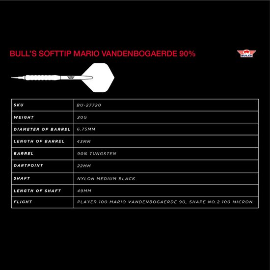 Bull's - Soft Tip Dartpijlen - Mario VandenBogaerde E2 - 90% Tungsten - 20 Gram van Merkloos — afbeelding 2