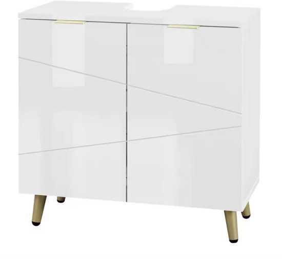 J&R Badkamerkast - Kastje badkamer - Wastafel kast - Badkamer meubel - Hoogglans badkamerkast - Verstelbare plank - Hout - hoogglans Wit - 60x60x30cm