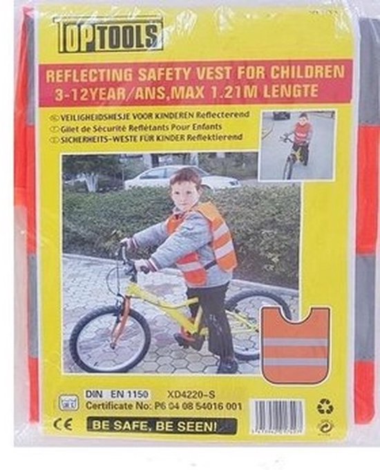 Oranje reflecterend veiligheidshesje voor kinderen van 3-12 jaar. Een jongen draagt het hesje op de fiets.