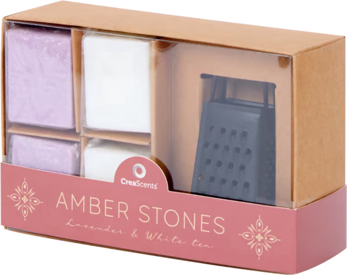 CreaScents Amber Stones – Geurblokjes Cadeauset – Lavendel & Witte Thee – Set van 4 met Geurrasp – Handgemaakt – Tot 12 Maanden Geur – Voor Woonkamer, Toilet, Kast