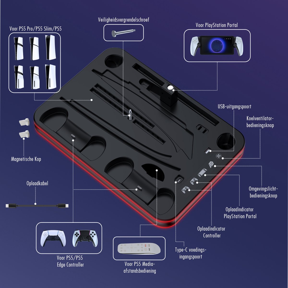 PlayCool all-in-one Multifunctionele RGB Oplaadstation- en Displaystandaard Geschikt voor PlayStation 5/ PS5 Slim/ PS5 Pro (Disc & Digital) & PlayStation Portal (incl. Screen Protector) - DualSense (Edge) controller – foto 8