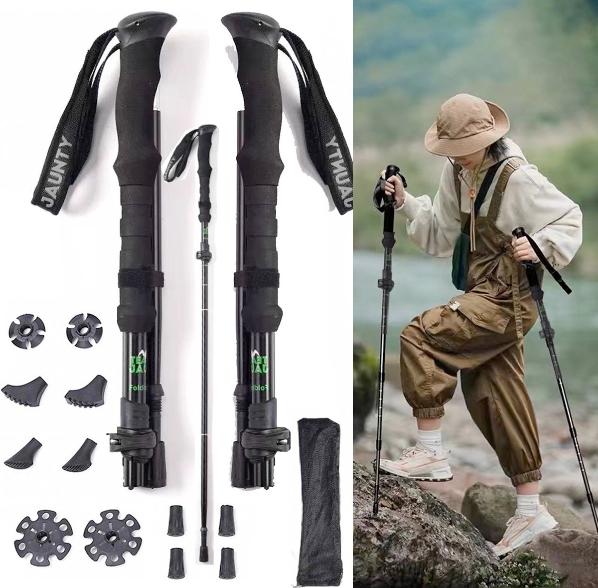 Premium vier-fold Trekking Pole- opvouwbare wandelstokken-Wandelstokken Set(2 stuks) - Met schokabsorptiefunctie -met Quick Lock-Nordic Walking stokken -105-125 cm verstelbare -telescopische aluminium -Zwart