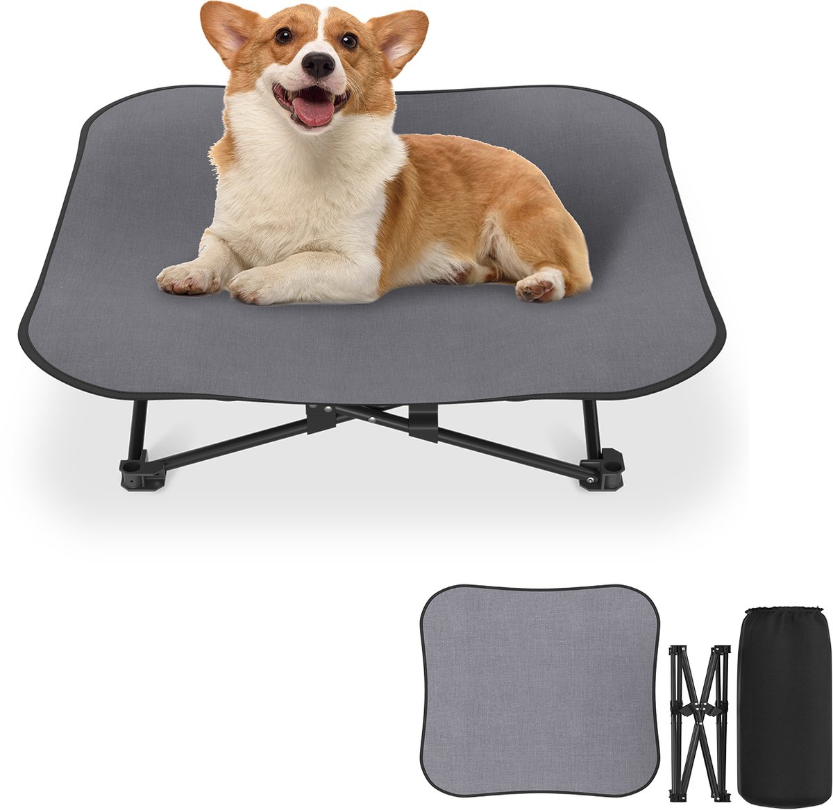 Aufun Opvouwbaar Hondenbed Kattenbed 68x68x21cm, Verhoogd Ademend Hondenbed Huisdierenbed voor Binnen & Buiten Kamperen, Tuin, Terras, Appartement Robuust Polyester, Grijs