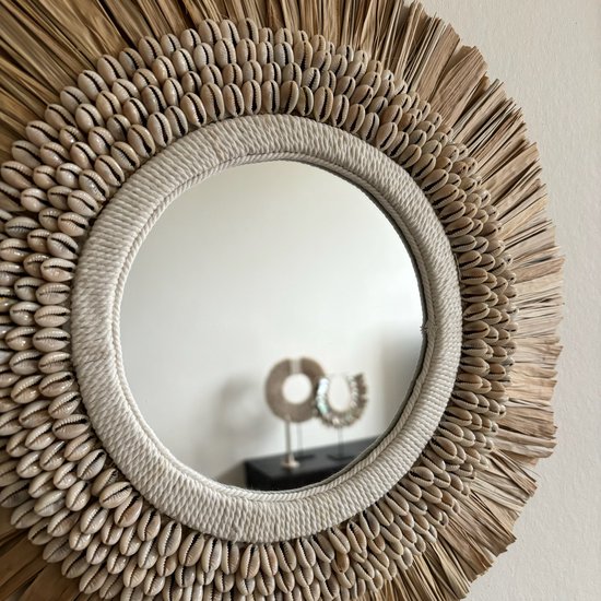 Ronde Wanddecoratie met Spiegel van Raffia