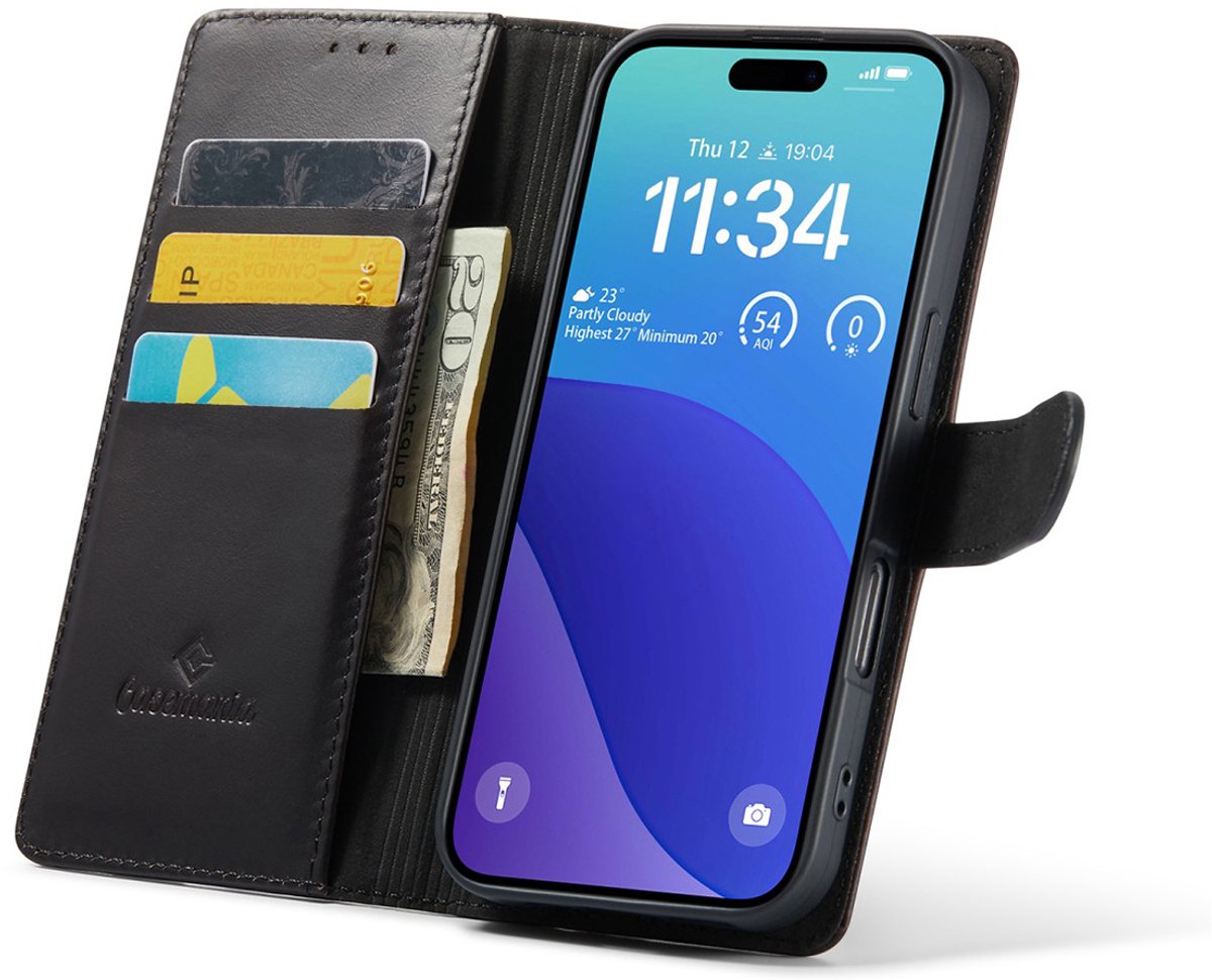 CaseMania Bookcase hoesje geschikt voor iPhone 16 Pro Max - Effen Zwart - Echt Leer