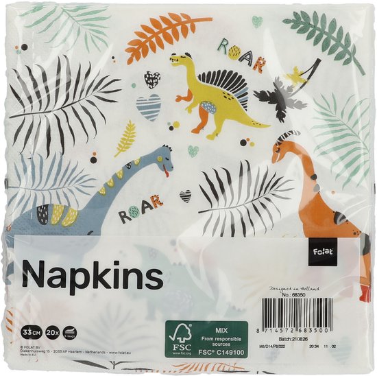 Witte servetten met dinosaurusprint: oranje, geel, blauw en groen, omringd door bladeren. 'Napkins' logo.