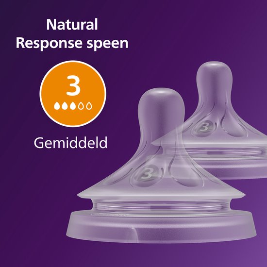 Tétines Philips Avent Natural Response taille '3' avec indication de débit 'Moyen'.