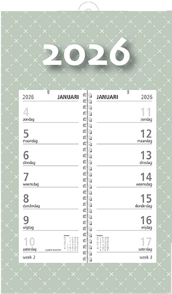 MGPcards - Omlegweekkalender 2026 - Week begint op zondag - 21 x 34 cm - Grijs groen