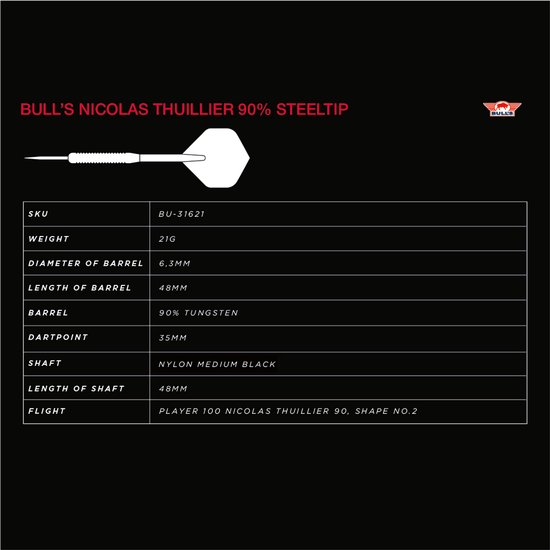 Bull's Nicolas Thuillier 90% - Dartpijlen - 21 Gram van Bull's — afbeelding 2