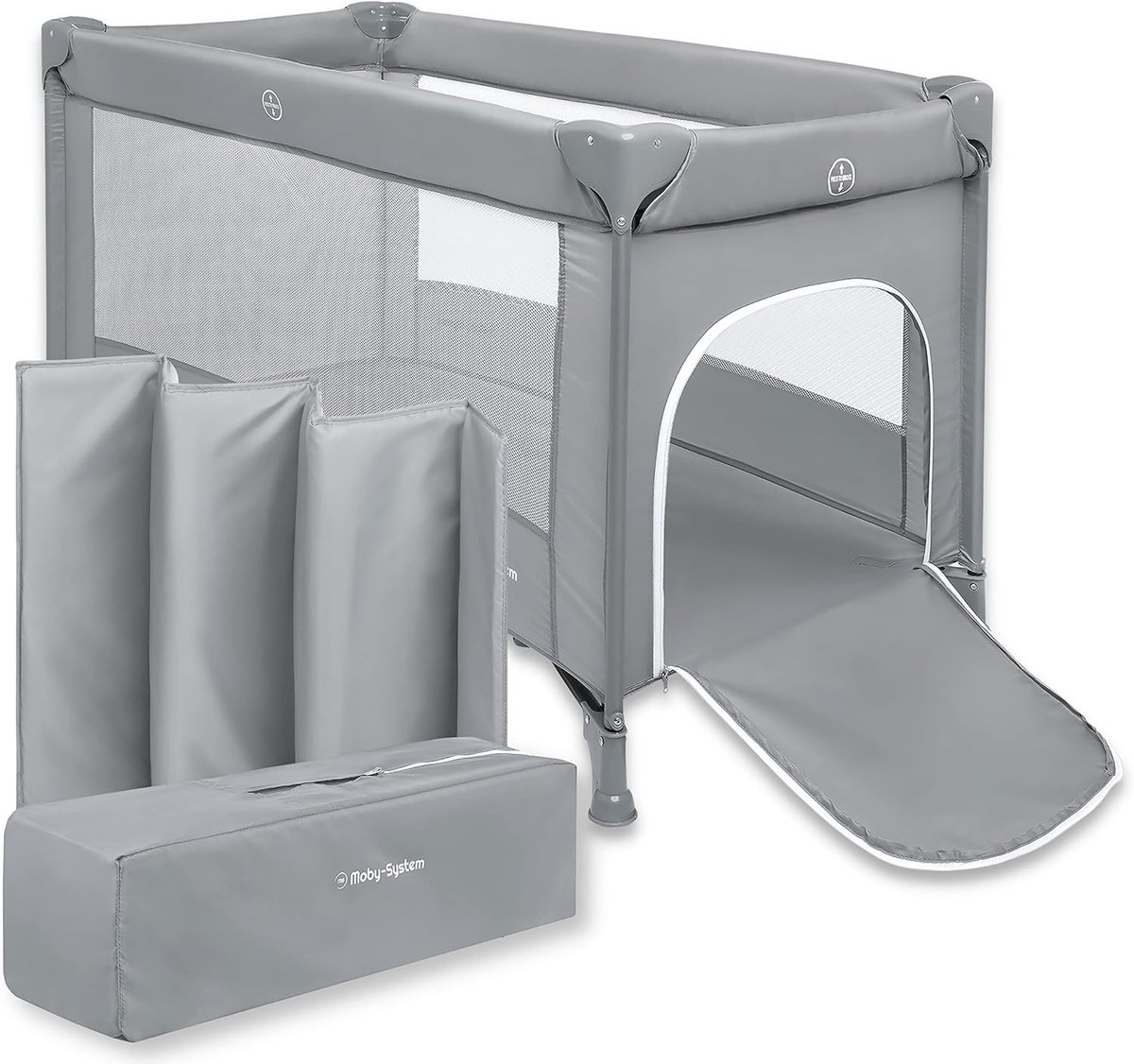Image of 2-in-1 Reisbedje en Box met Opvouwbare Matras en Draagtas - Grijs