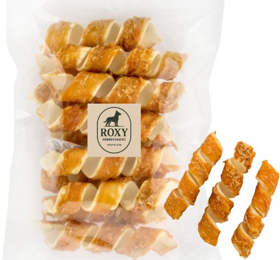 Roxy Kip Spiraal 12 stuks - 15 cm - Kipfilet - Runderhuid - Hondensnacks -Kauwsticks - Kauwstaafjes - Kauwsnack - Kauwbot - Buffelhuid - Gedroogd Vlees - Hond - Puppy