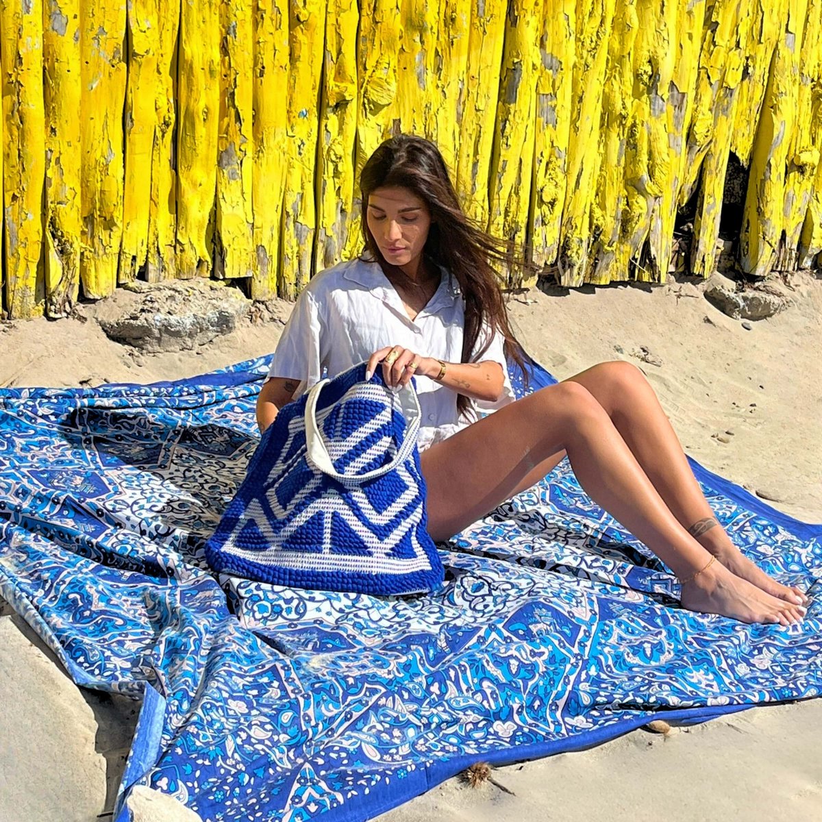 Bohemida - XXL Groot Vakantie Strandlaken -tweepersoons 220x235cm Ibiza Strandkleed - 100% Katoen - Blue Star (blauw)- Sneldrogende Strandlakens