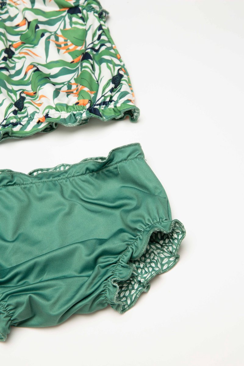 Ducksday - Omkeerbare baby tankini met haarlint - voor meisjes - UPF 50+ - Driedelige zwemset - Toucan - Tropisch groen — afbeelding 11