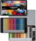 STABILO CarbOthello ARTY+ 60 krijt-pastel kleurpotloden in metalen etui, met accessoires en abstracte achtergrond.