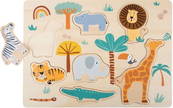 Houten puzzel met safari-thema, waarbij de zebra losligt. Bevat een leeuw, giraf, olifant, nijlpaard, tijger, krokodil, slang en regenboog.