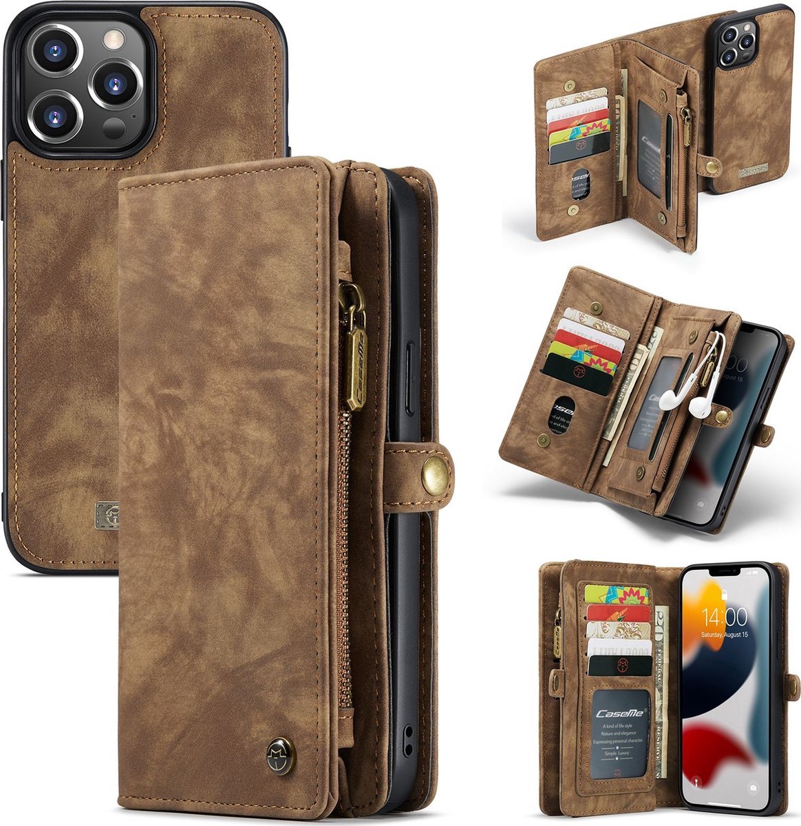 Telefoonhoesje geschikt voor Apple iPhone 13 Pro Max Hoesje | Caseme 008 Uitneembare 2in1 Bookcase Portemonnee | Pasjeshouder voor 14 Pasjes | Telefoonhoesje voor Pinpas / OV Kaart / Rijbewijs - Bruin