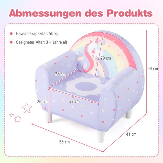 COSTWAY Kinderbank voor peuters, kinderstoel, gestoffeerd met rugleuning en armleuning, speelbank, kinderbank voor kinderkamer, speelkamer, babybank vanaf 3 jaar, 55 x 41 x 54 cm (paars) van COSTWAY — afbeelding 2