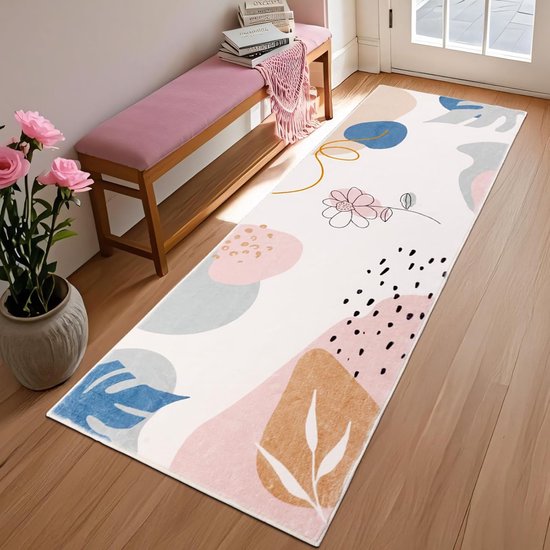Antislip vloerkleed loper - pluisvrij en wasbaar - 1 stuk - crème/blauw